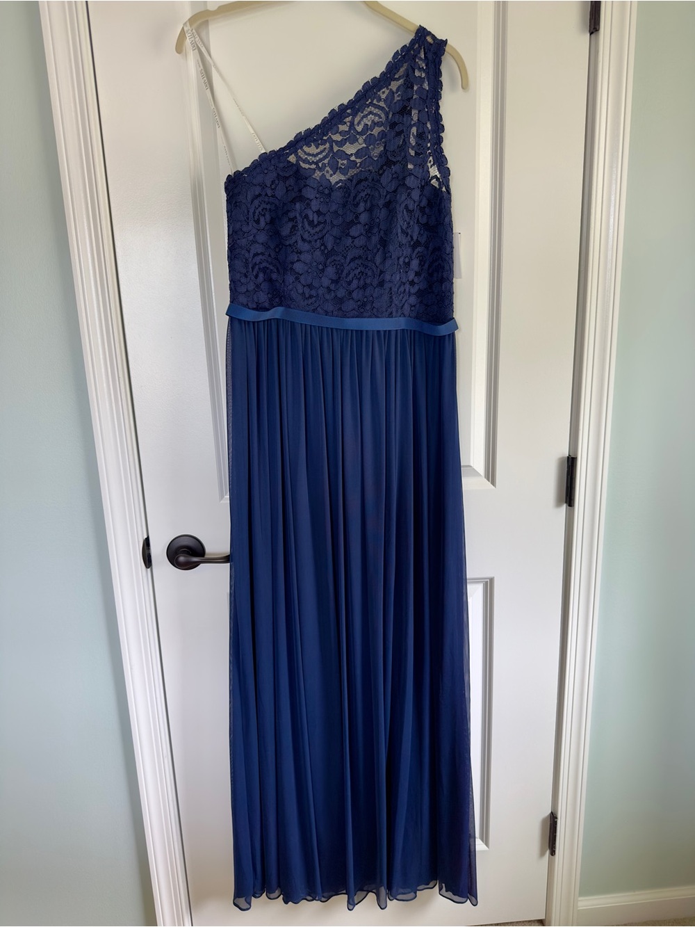 David's Bridal Navy One-Shoulder Lace Maxi Dress